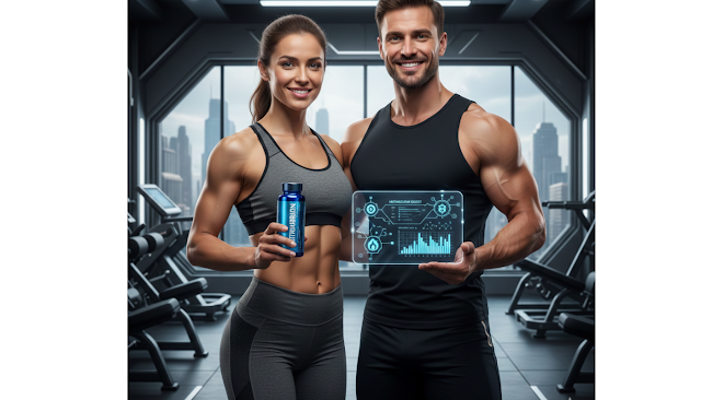 Smiling American man and woman in gym holding CitrusBurn weight loss supplement bottle, showing metabolism and fat burning chart on tablet, promoting healthy weight loss.