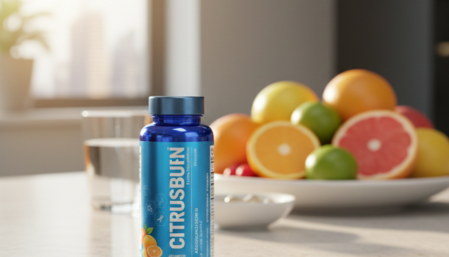 CitrusBurn weight loss supplement bottle placed on kitchen counter with fresh fruits in background, highlighting natural fat burning and energy support.